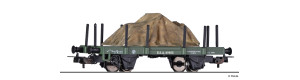 Plošinový vůz, s klanicemi, USTC, ložený Jeepem pod plachtou, III. epocha, H0, Tillig 76773