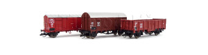 Set nákladních vozů (1 otevřený, 2 kryté), FS, ÖBB, DB, III. epocha, TT, DOPRODEJ, Tillig 01001