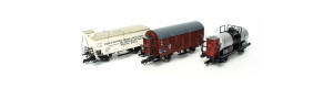 Set nákladních vozů (kotlový, chladicí, krytý), ČSD, DRG, BDŽ, II. epocha, TT, DOPRODEJ, Tillig 01817