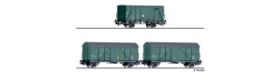 Set tří krytých nákladních vozů ,,Bauzugwagen", DR, IV. epocha, H0, Tillig 70050