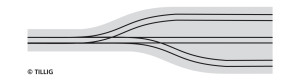 Kolejové rozvětvení do depa, s asfaltem/betonem, 3 stání, tramvajové kolejivo Luna, TT/H0m, Tillig 87132