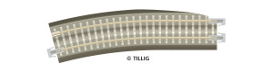 Oblouková kolej s podložím BG3-BR12kli, se zkosením pro výhybku, pravá, R 353 mm/15 st., hnědé pražce, TT, Tillig 83786